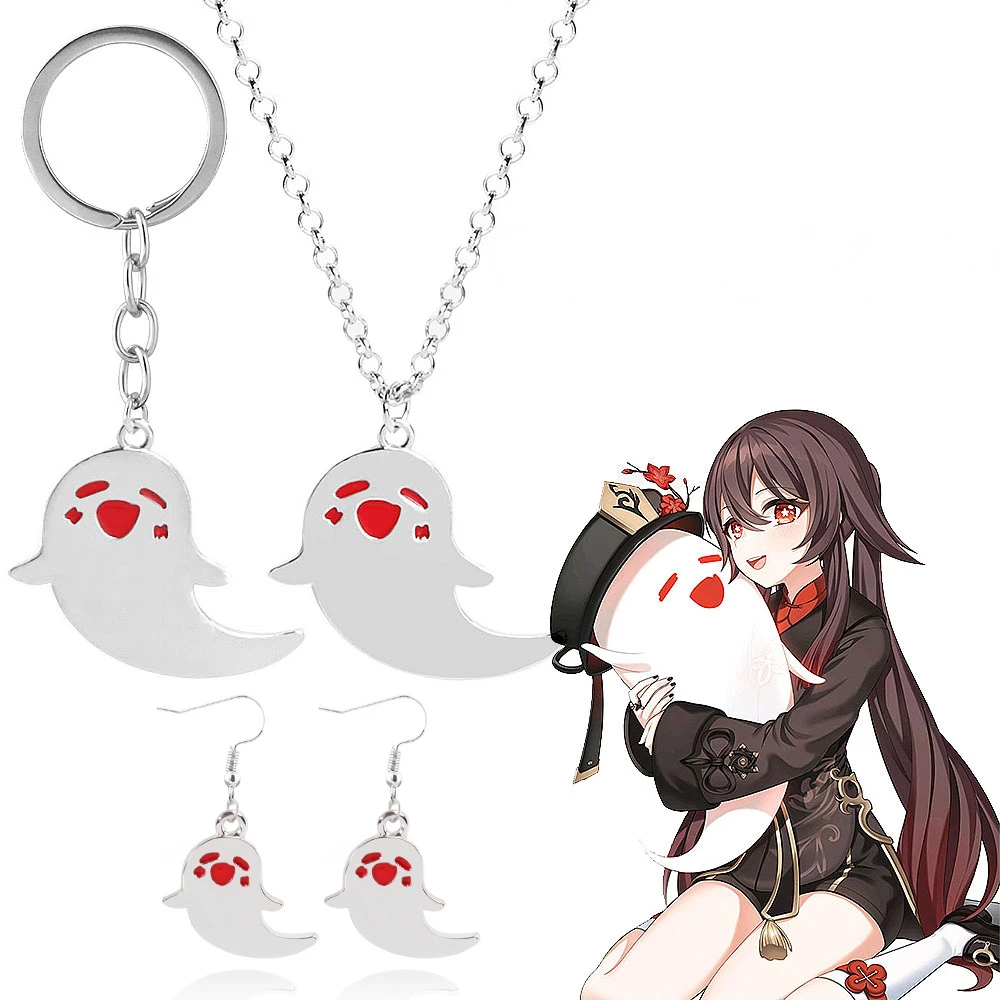 

Game Genshin Impact Cosplay Hu Tao Necklace Keyrings Cute Anime Cartoon Ghost Earrings Jewelry Keychain Accessories Gifts