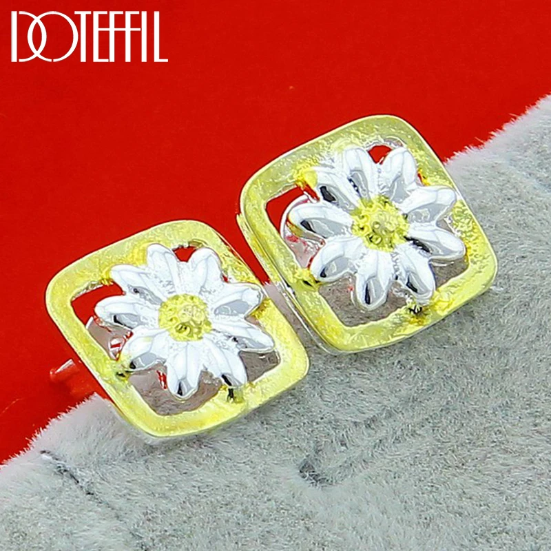 

DOTEFFIL 925 Sterling Silver Gold Flower Stud Earrings For Woman Wedding Engagement Fashion Party Charm Jewelry