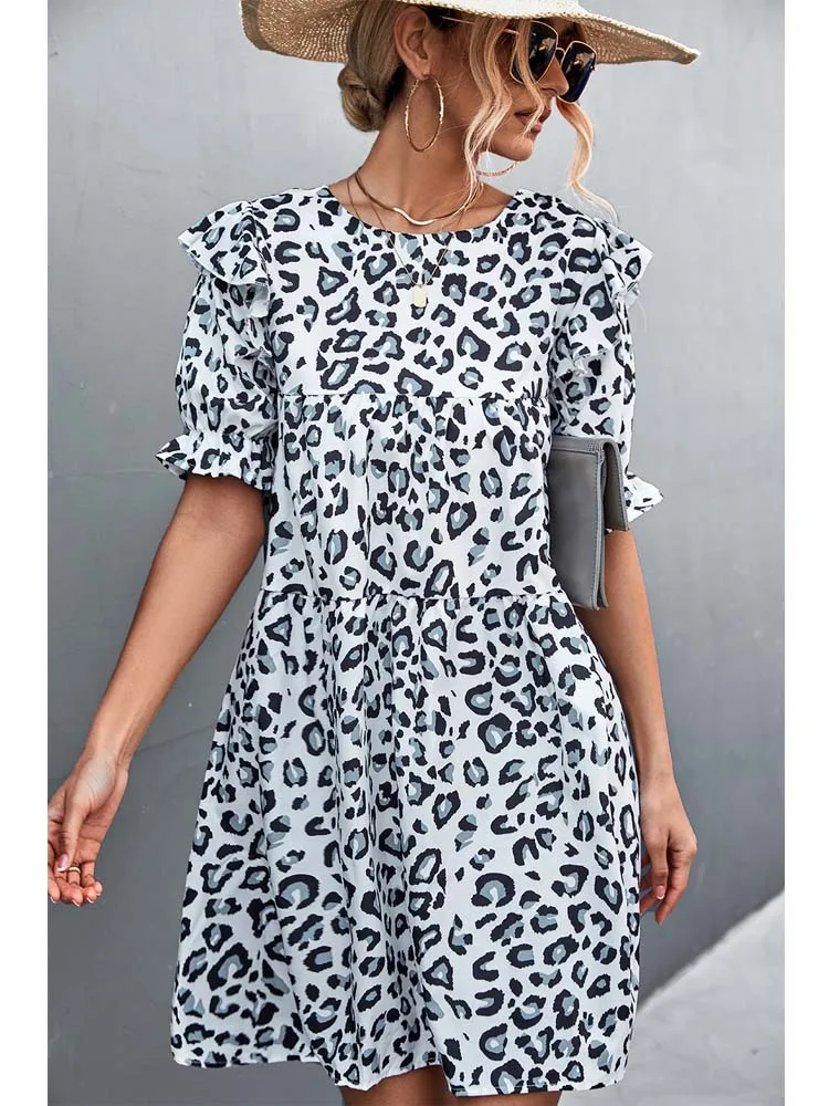 

Retro Women Summer Leopard Print A-Line Dress Patchwork Design Ruffles Bow Decor O-Neck Puff Sleeve Casual Loose Mini Dress