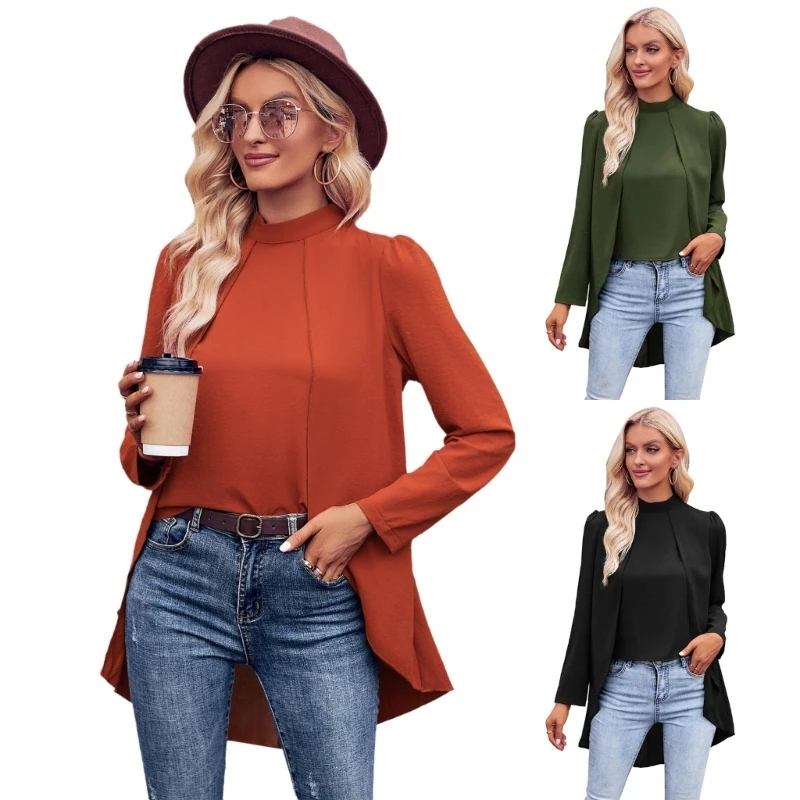 

Женские рабочие шифоновые блузки Повседневные однотонные топы с длинным рукавом Повседневные рубашки Свободный крой Базовая