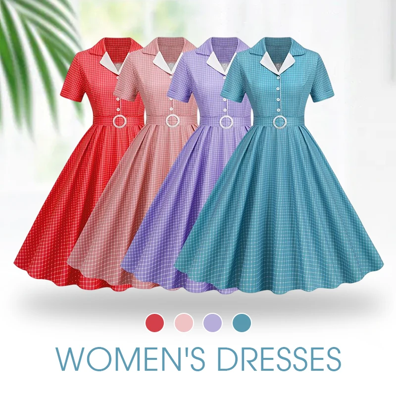 

Vintage 50s 60s Women's Retro Party Dress Belt Polka Dot Print Short Sleeve Hepburn Robe Pin Up Rockabilly Button Swing Dresses