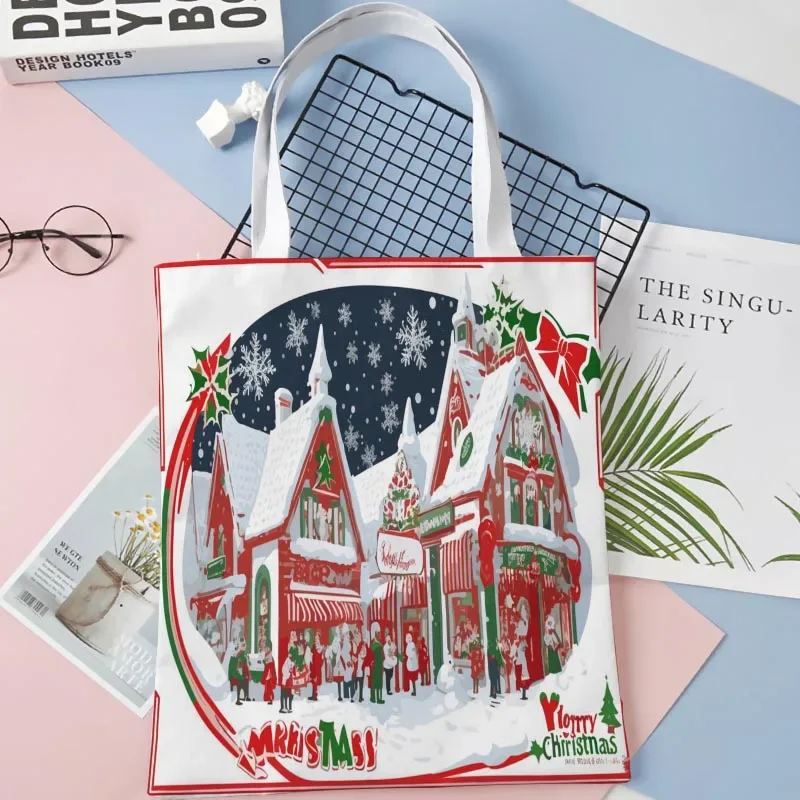 

New Lady Tote Bags Christmas Card Printed Fabric Eco Handbag High Capacity Shopping Office Reusable Casual Shoulder Bag 1016WJY