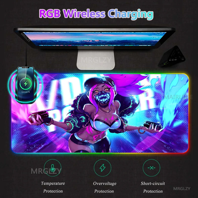 

Ahri RGB LED Mouse Pad Wireless Charge Mouse Pad LOL KDA Akali Carpets Gaming Accessories Desk Mats 40*90CM Typec Interface Rugs