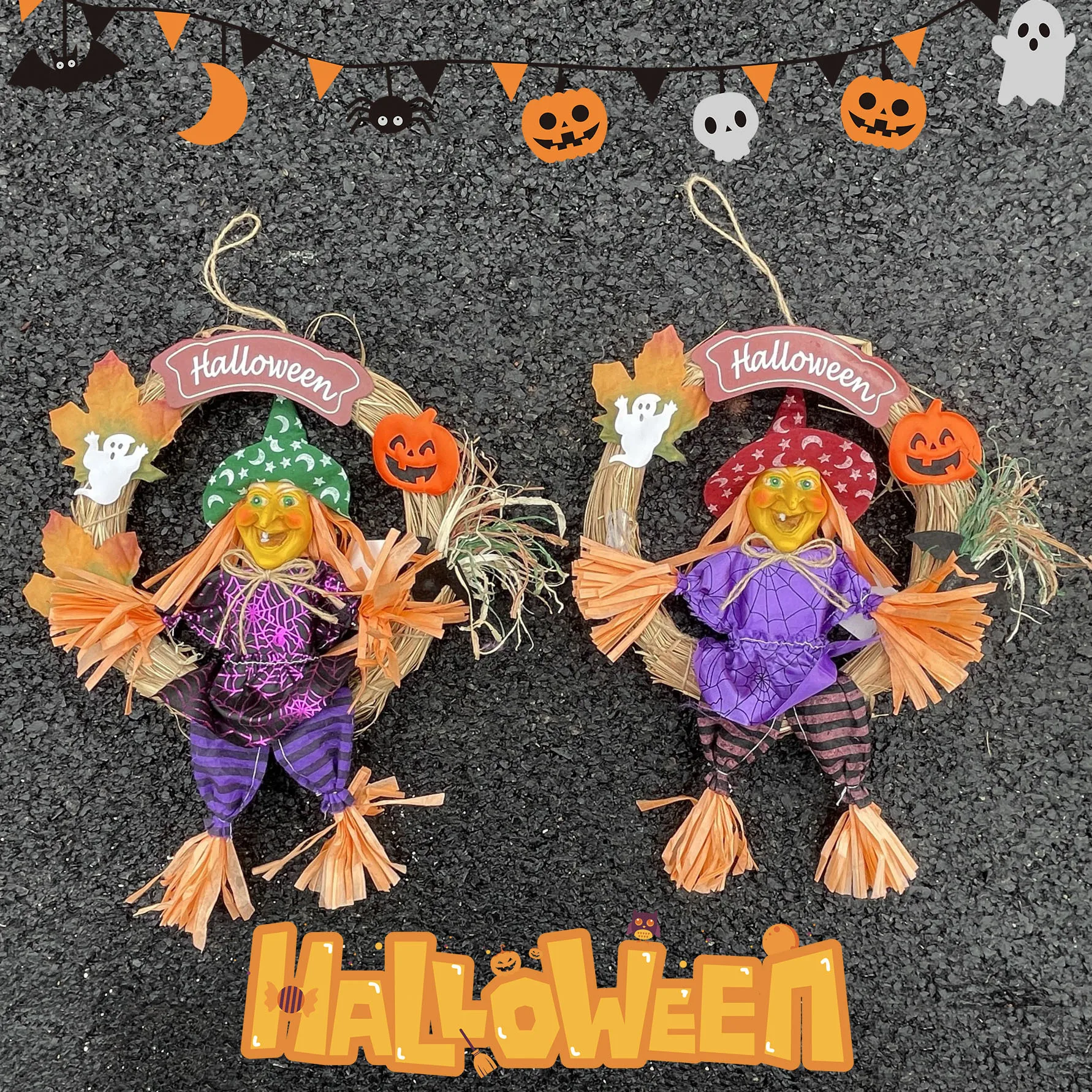 

Halloween Scarecrow Ghost Festival Decorative Props Scene Layout Pastoral Wreath Witch Wreath Pendant