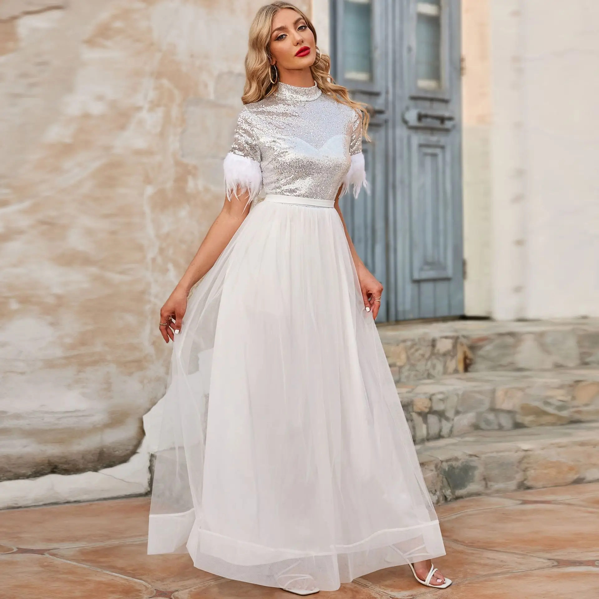 

Summer Women White Long Dress O Neck Short Sleeve Sequin Patchwork Mesh Evening Party Dress Vestidos Birthday Outfit Robes Femme