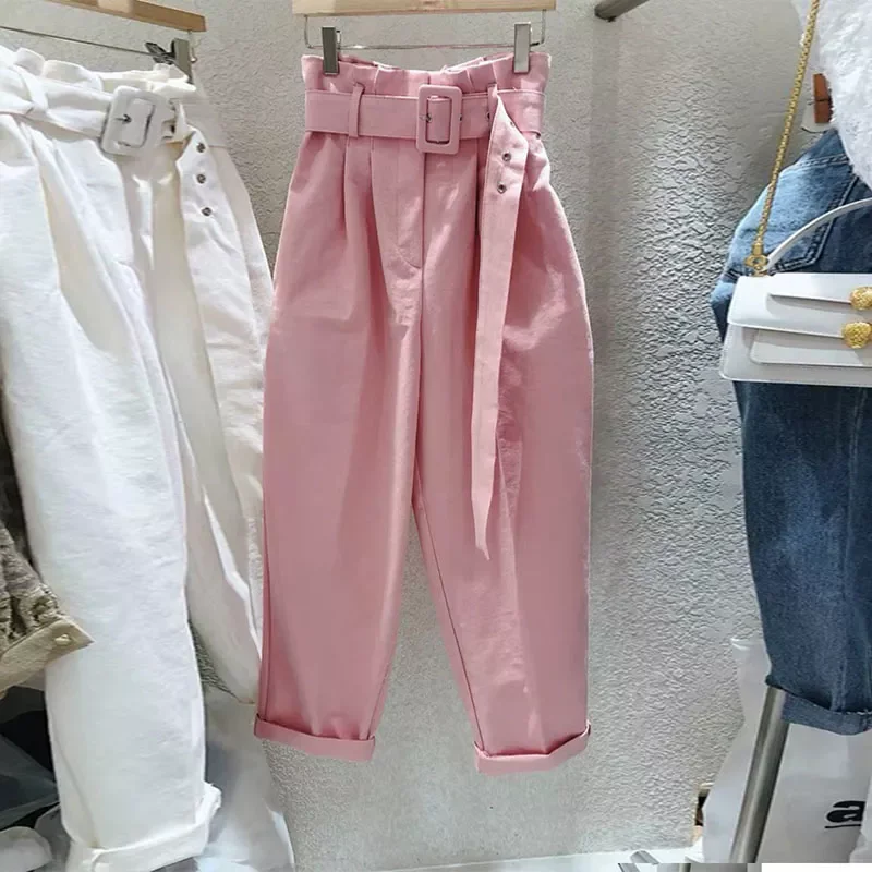 

2022NEW Spring Summer Pants Women Belt High Waist Long Trousers Korean Solid Fashion Pantalones Mujer Cintura Alta KZ459
