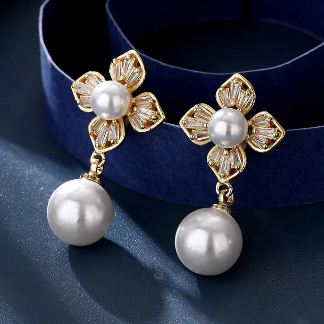 

Korean Earrings Fashion Temperament Stainless Steel Women's Jewelry Cute Pearl Pendant Zircon Jewelry Girls' Pearl Earrings