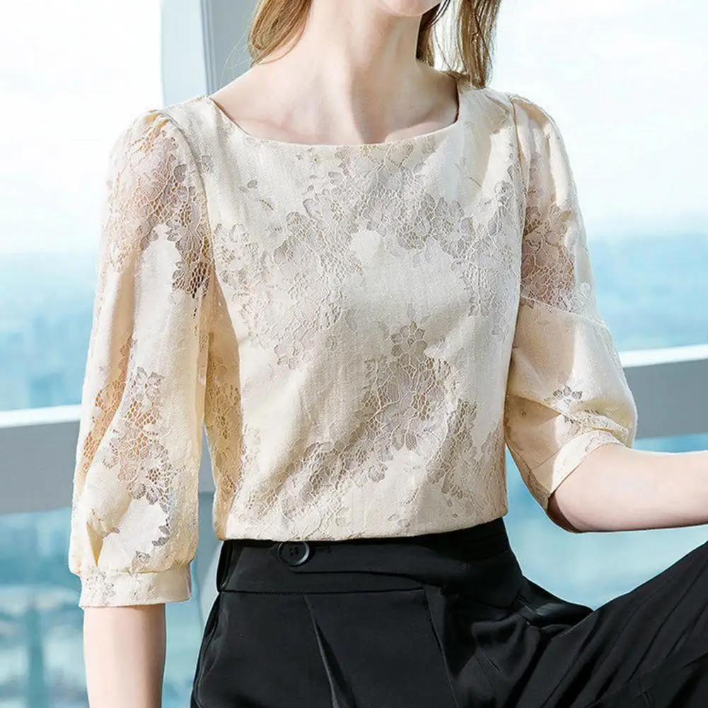 

Lady Shirt Square Collar Breathable 3D Cutting Sweet Lace Trim Tee Top Blouse Pullover Blouse Streetwear