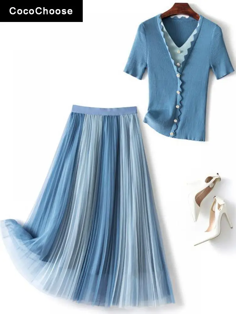 

Elegant Tulle Pleated Midi Dress Suits Women Summer 2022 Fashion Knitted Short Sleeve Top And Skirt Set Casual 2 Piece Outfits