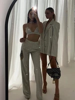 women glitter silver blazer and pants set elegant sexy sleeveless crop top 2 piece set high waist pants suits club night outfits