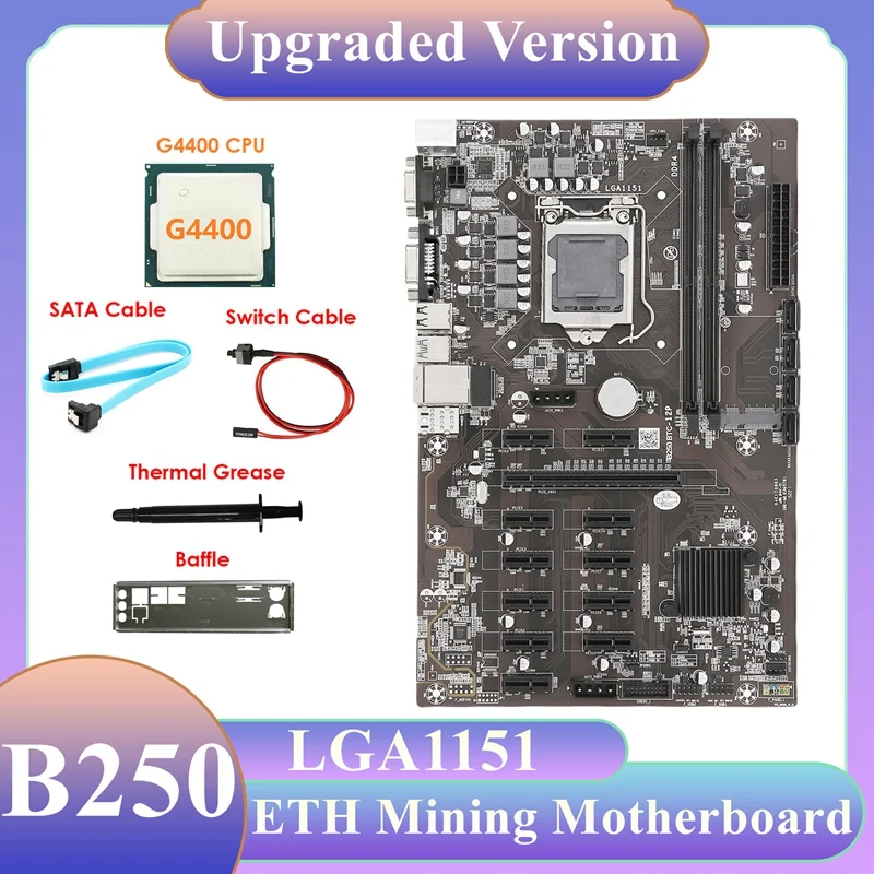 B250B ETH Mining Motherboard+G4400 CPU+Baffle+Switch Cable+SATA Cable+Thermal Grease LGA1151 DDR4 12PCIE MSATA For BTC
