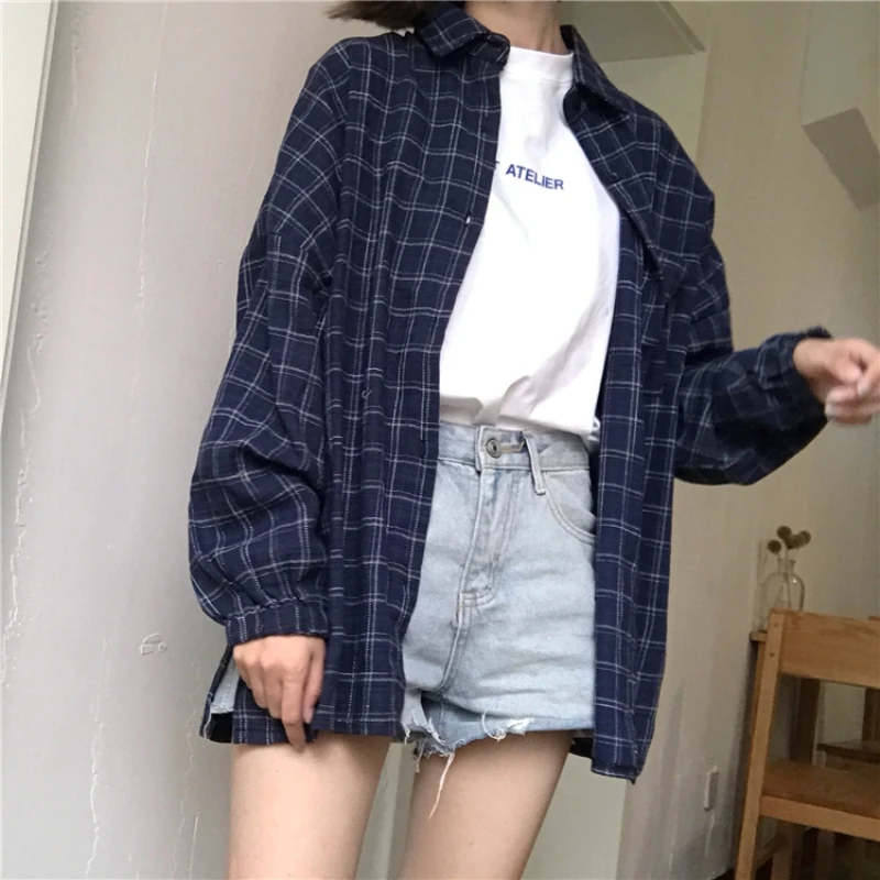 

2023 New Woman Vent Vintage Plaid Shirt Single Breasted Turn down Collar Cotton Long Sleeve Button Feminina Sales