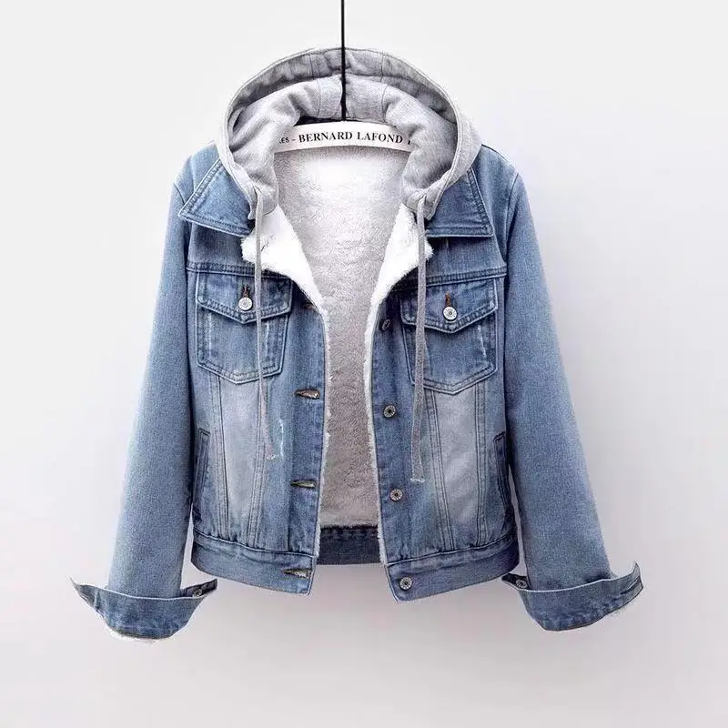 

S-5XL Autumn Winter Velvet Lining Denim Jackets Washed Blue Women Casual Warm Detachable Hooded Jacket Female Outwear Coat