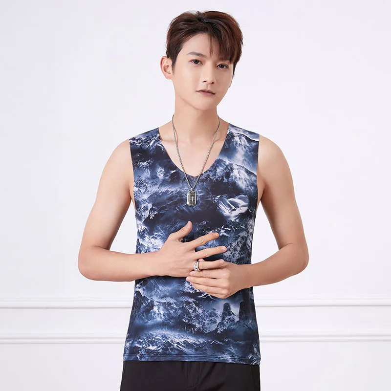

Mens Large Size Tank Top Sleeveless Vest T-shirt Summer Ice Silk Thin Seamless Undershirt Male Elastic Printed Workout Singlets