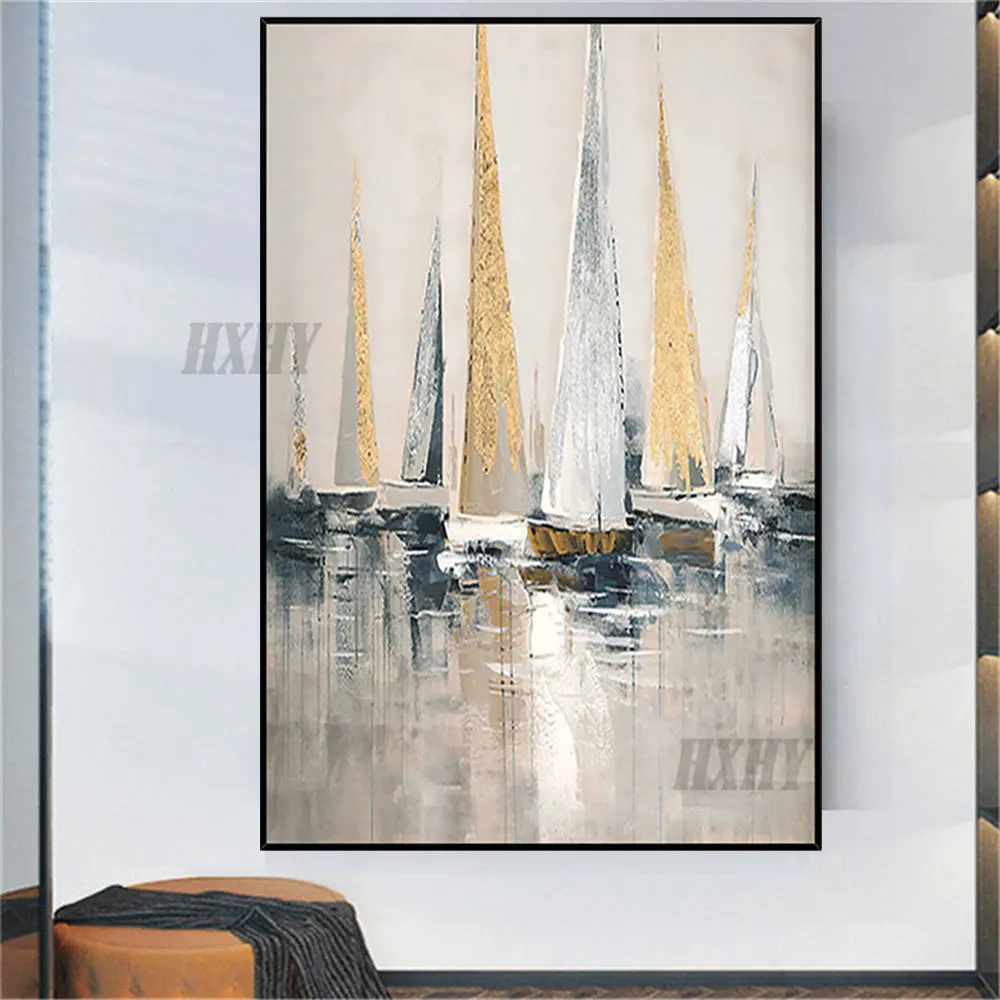 

100% ручная роспись маслом, современная абстрактная морская пейзаж, настенная Краска на холсте, рисование на стены, стена и парусник, Декор дл...