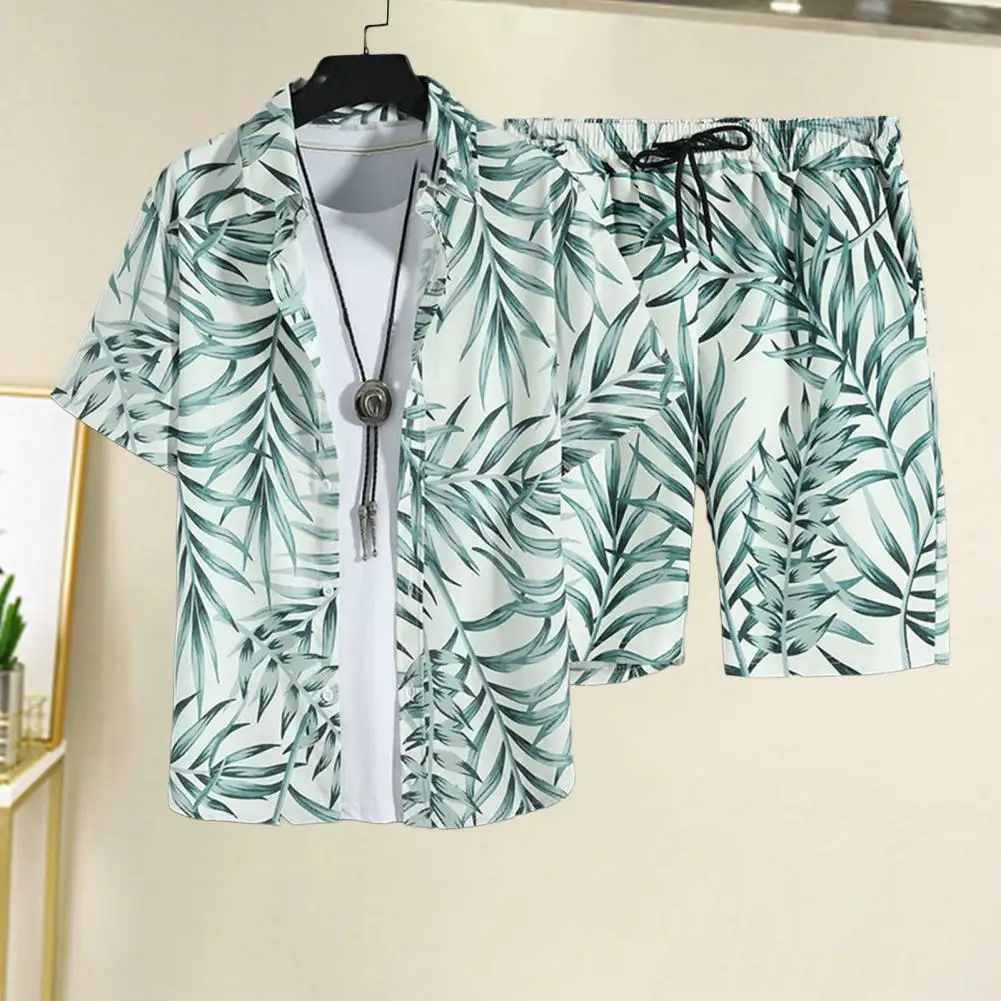 

1 Set Men Beach Shirt Set Elastic Waist Men Shirt Set Seaside Outfit Soft Man Summer Hawaiian Two Piece Sets Male Clothes