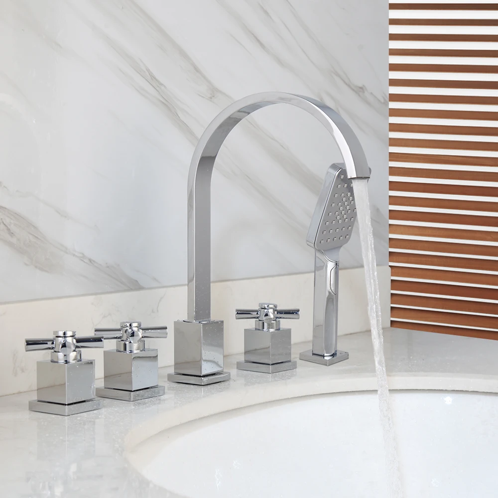 

YANKSMART Luxury Chrome Polished 5Pcs Bathroom Bathtub Faucet Basin Sink Deck Mounted Waterfall Faucets Mixer Water Tap Set