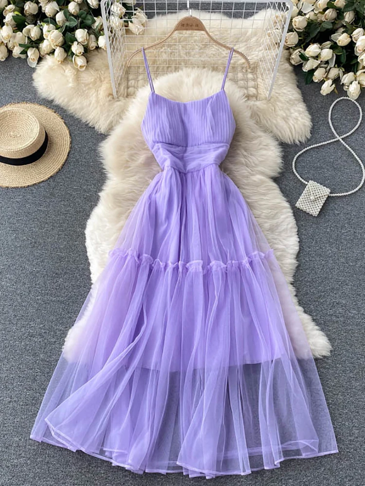 

Женское длинное Сетчатое платье на бретелях-спагетти, летнее оранжевое/фиолетовое/синее/розовое ТРАПЕЦИЕВИДНОЕ пляжное платье с оборками, ...