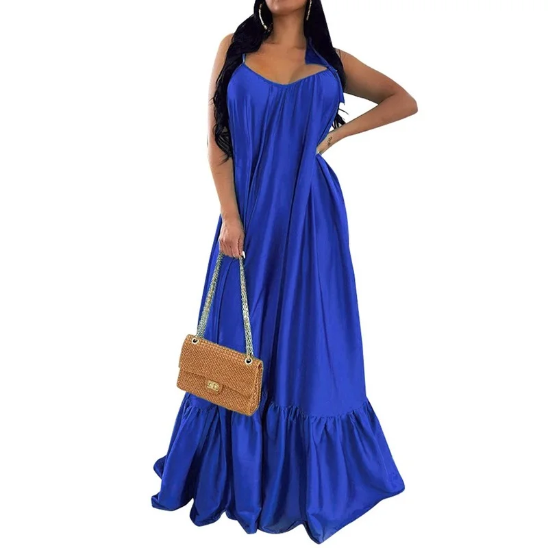 

Women Camisole Oversized Fashion Casual Solid Maxi Dresses Strap Dress Pocket Loose Backless Big Swing Solid Floor-length Robe