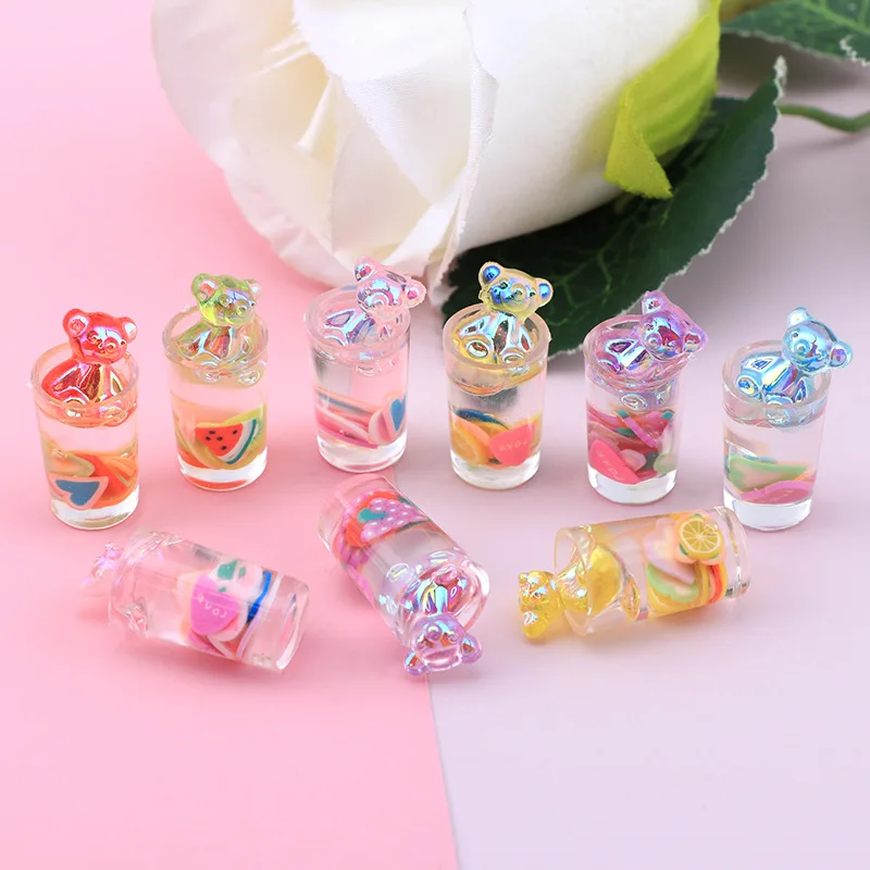 

100PCS Cute Fruit Juice Cup Cartoon Bear Bottle Resin Flatback Cabochon Fruit Tea Decoration Charm DIY Crafts