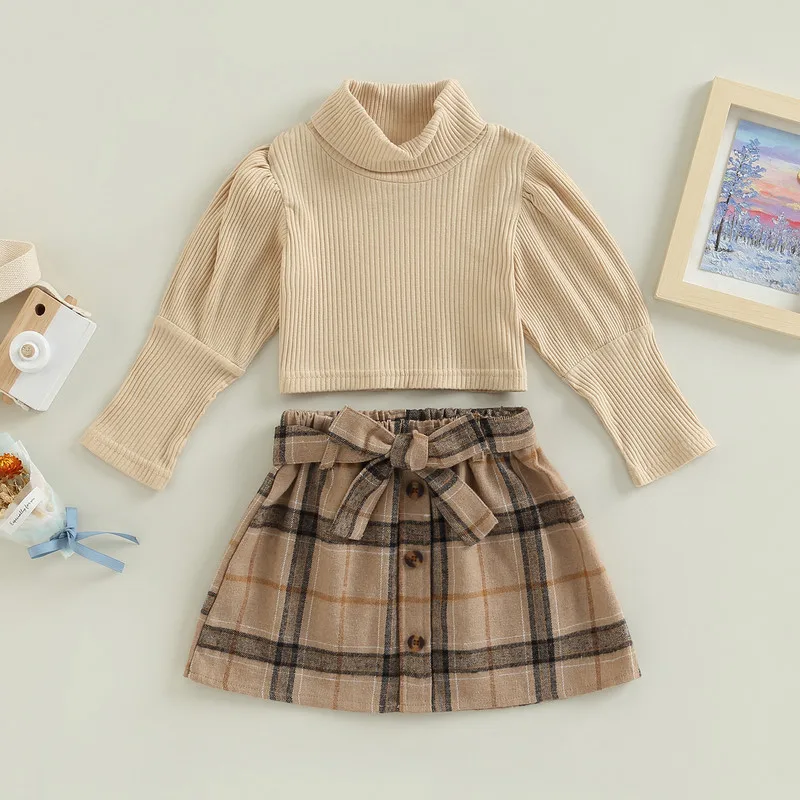 

Детская одежда для девочек, осенне-зимний наряд, комплекты с юбкой, трикотажный топ в рубчик с высоким воротником и длинными рукавами, эласт...