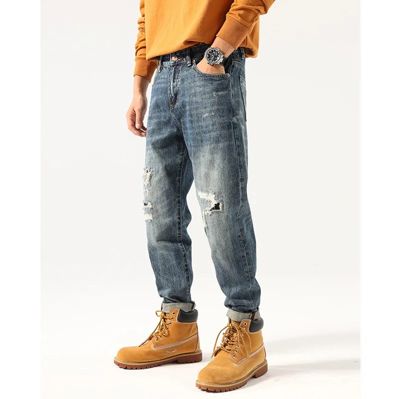 Men Clothing New Pattern Recreational Vintage Blue Hole Jeans Straight Cylinder Loose Street Trousers Autumn and Winter Female