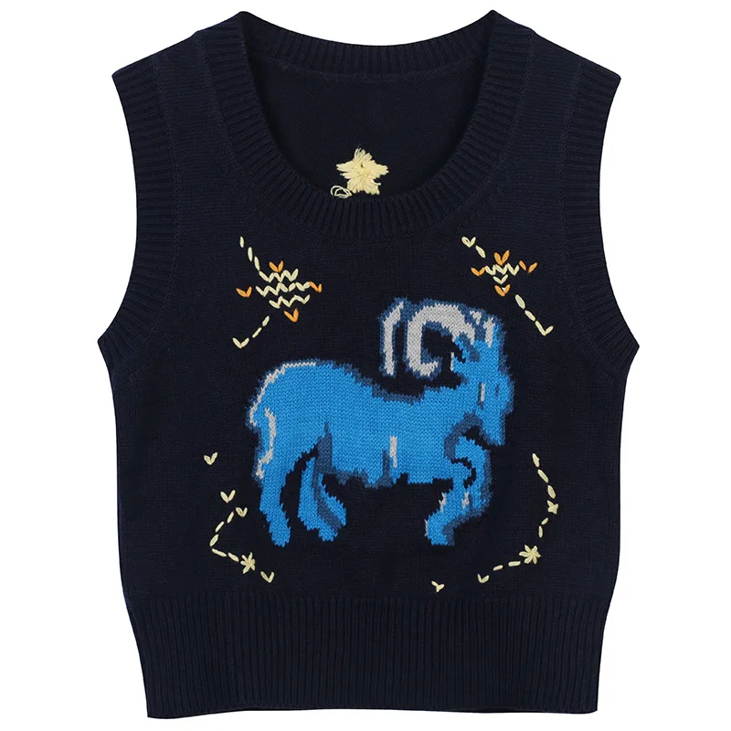 

Autumn new knitted vest vest 2022 black goat jacquard star embroidery temperament casual round neck top