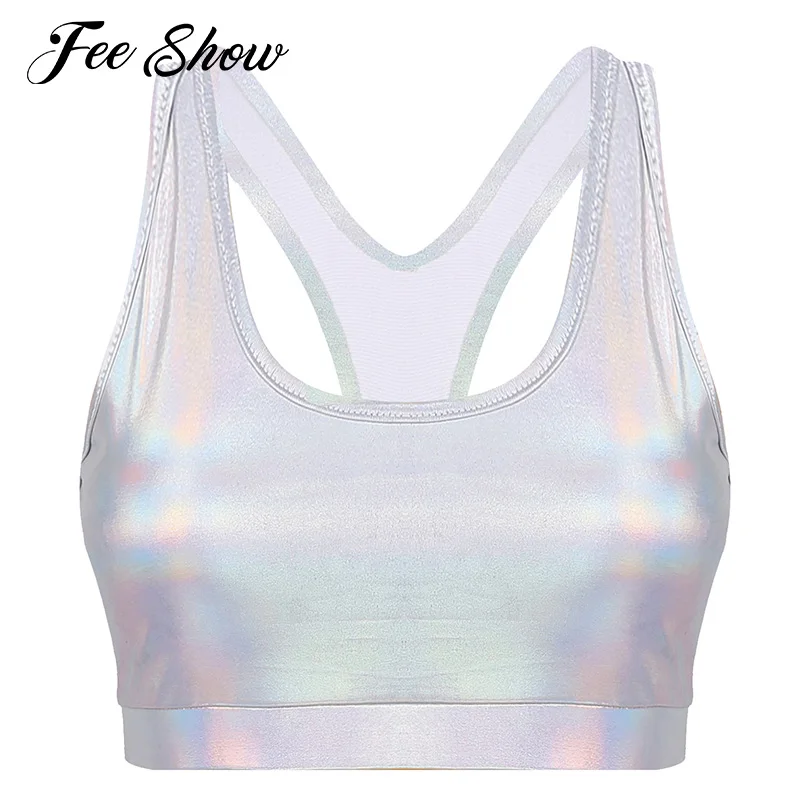 

Women's Shiny Metallic Sports Gym Yoga Vest Solid Color U Neck Sleeveless Strappy Cutout Back Crop Top Raves Dance Top Clubwear