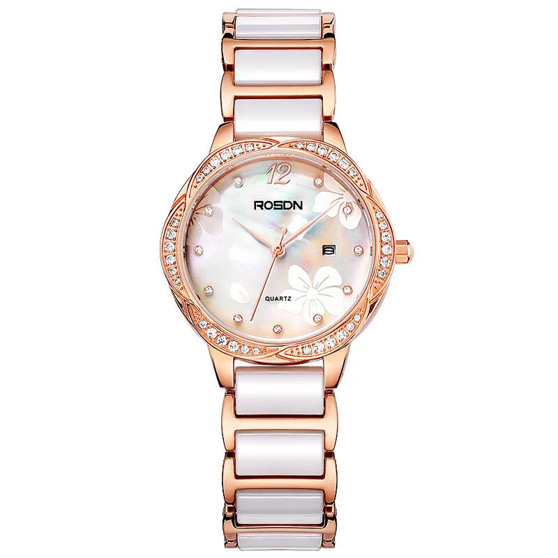 ROSDN Luxury Tops Brand Ceramics Watchband Quartz Women Watch Push Button Hidden Clasp Band Watches Free Shipping Ladies Clock enlarge