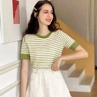 soft short sleeve tshirts 2021 summer new striped knitted round collar tops thin short t shirt casual fashion sweet womens tops
