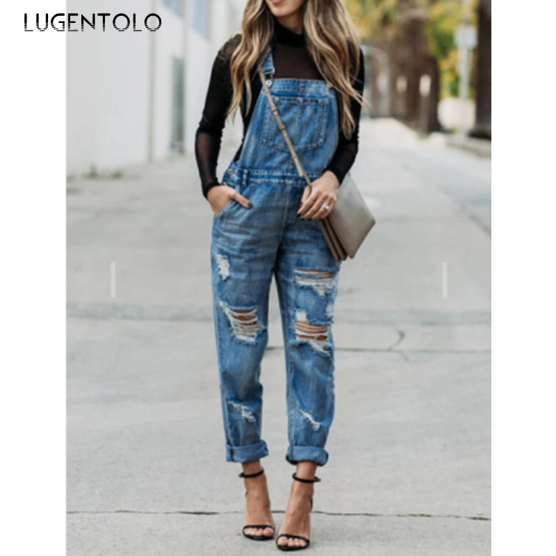 

Women Overalls Jeans Simple Fashion Ripped Washed Do Old Denim Casual Trousers Female Street Straight Long Jeans