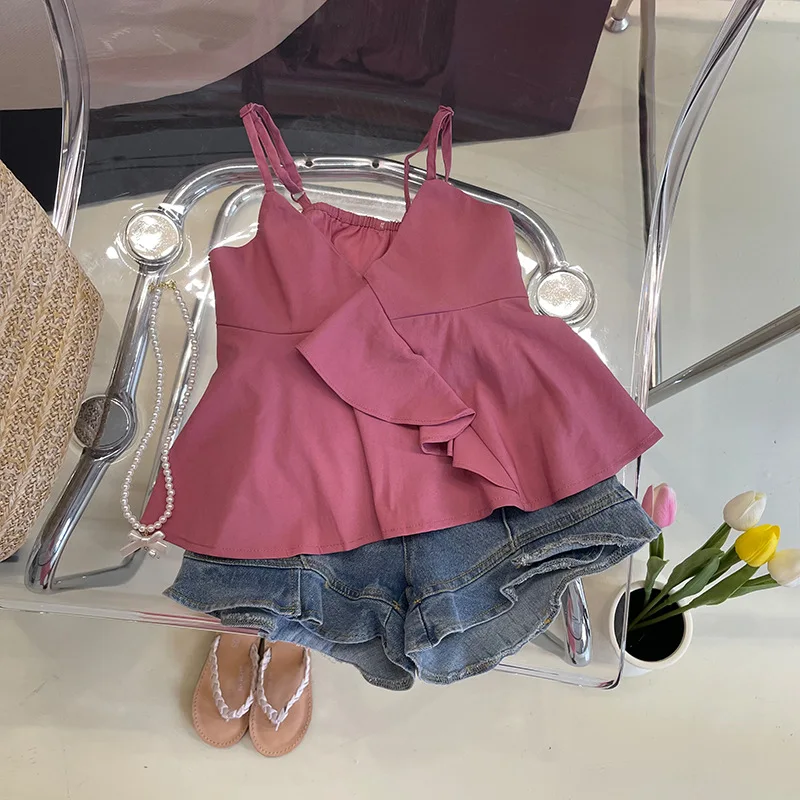 

Girls' Camisole Vest Set Floral Western-style Small Vest + Denim Shorts Two-piece Children's Summer Dress