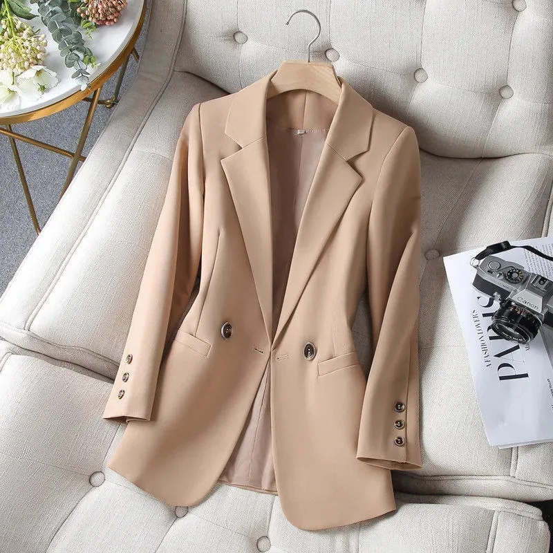 

Women Blazer Vintage Notched Collar Pocket Nice Autumn Fashion Office Blazers Double Breasted Female Casual Jackets Suits Coat