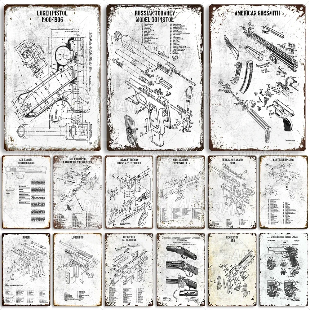 Патентованная металлическая табличка Пистолет Nambu Walther P38 Кольтовый пулемет MP40