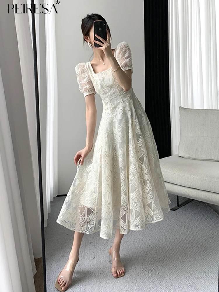 

PEIRESA High Quality Suqare Collar Lace Summer Dress Women Embroidery Puff Sleeve Slim Waist French Elegant Evening Dresses Robe