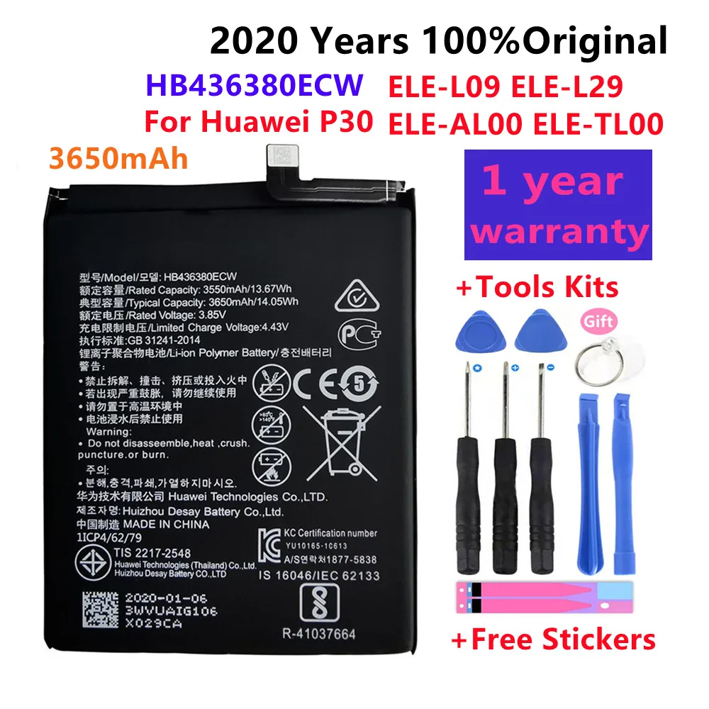 

100% Оригинальный аккумулятор для Huawei HB436380ECW 3650 мАч для HUAWEI P30, планшетов, планшетов, инструментов