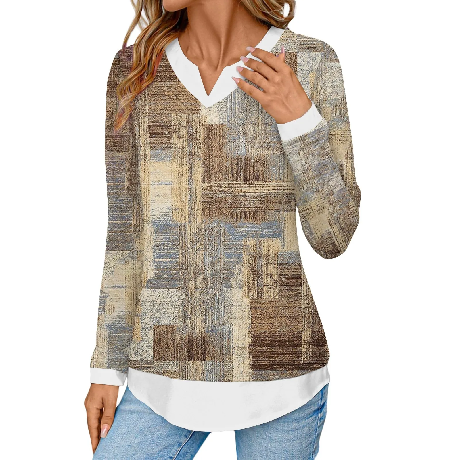 Женский топ с V-образным вырезом имитация двух предметов клетчатый Топ длинным