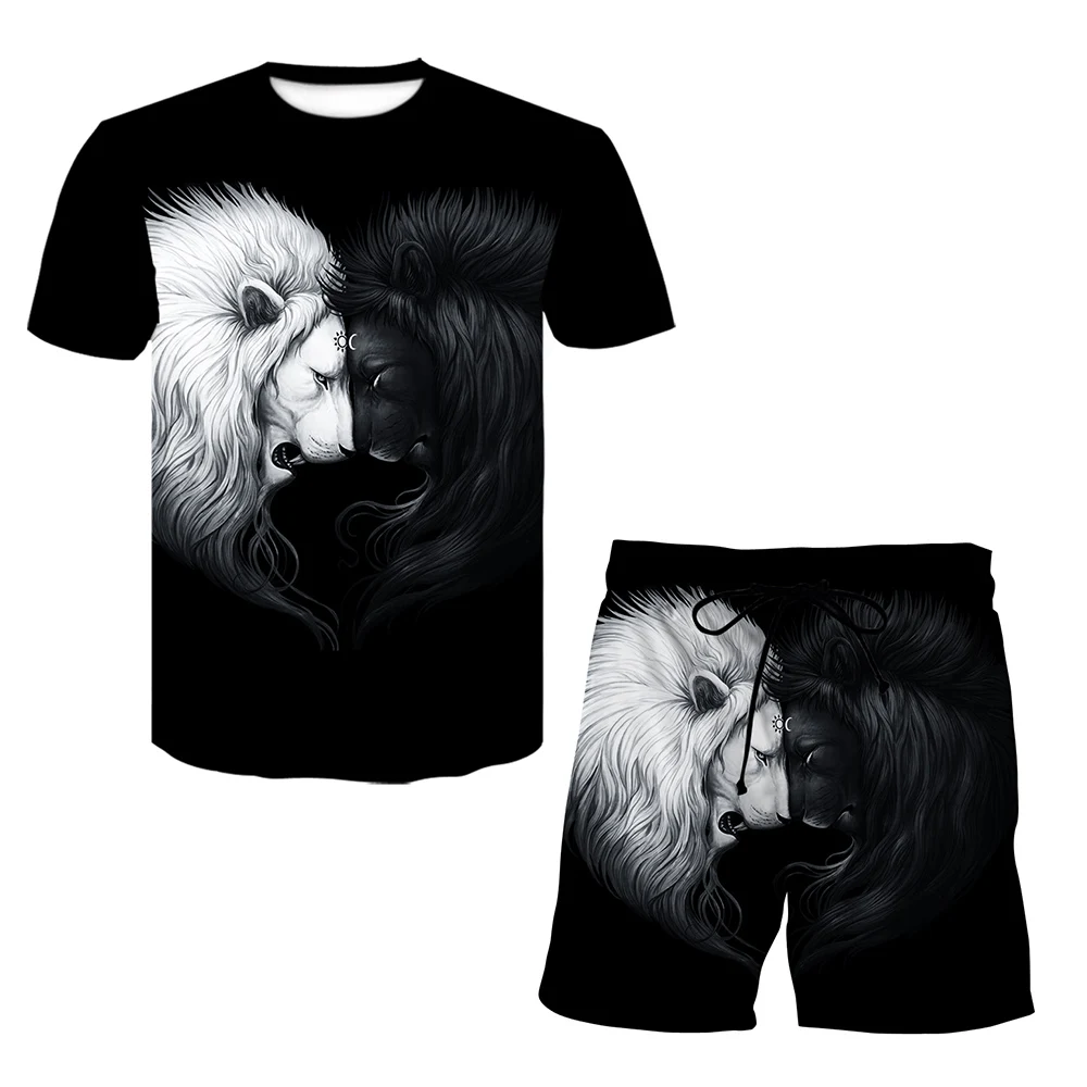 Oversized Summer Men's Clothing Sports Fitness Anime Beast Fierce Battle T-Shirt Casual 2-Piece Set Street Fashion Shorts Beach