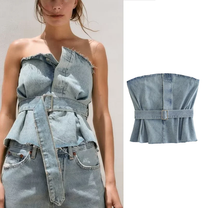 

TRAF ZR Women's Crop Top Y2k Streetwear Summer Sleeveless Denim Tube Top with Belt Vintage Vest Tops for Women 2023 Off Shoulder