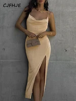 cjfhje 2022 sleeveless satin solid ruched bandage cut out maxi dress autumn winter women fashion sexy party club clothings