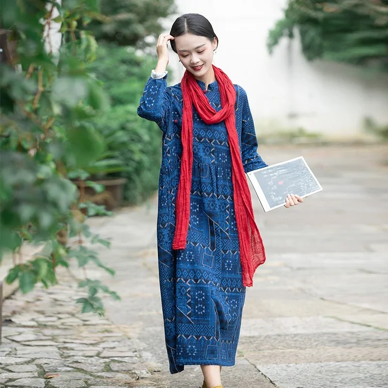 Женское платье в этническом стиле осенне-зимнее платье-Ципао из хлопка и льна с
