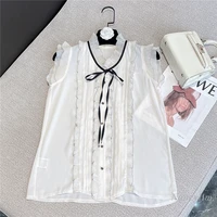 2022 summer thin chiffon blouse for woman new princess style sweet bow pleated lace sleeveless shirt girls ladies top