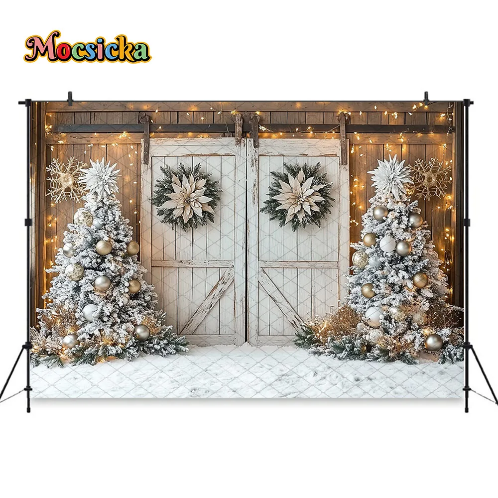 Фото Mocsicka Christmas Tree Farm Backdrop Photography Wooden Barn Door Glitter Lights Background Family Child Outdoor Photo Studio №4