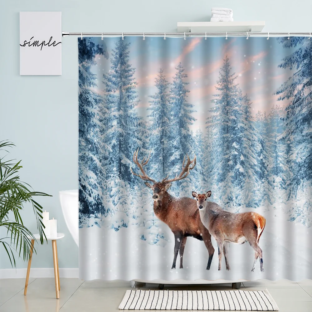 

Winter Brown Elk Shower Curtains Set Snow Forest Deer Natural Landscape Decor Home Polyester Fabric Bathroom Curtain With Hooks