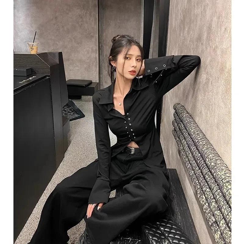 Женские винтажные рубашки MEXZT Y2K уличная одежда с V-образным вырезом Черные блузки