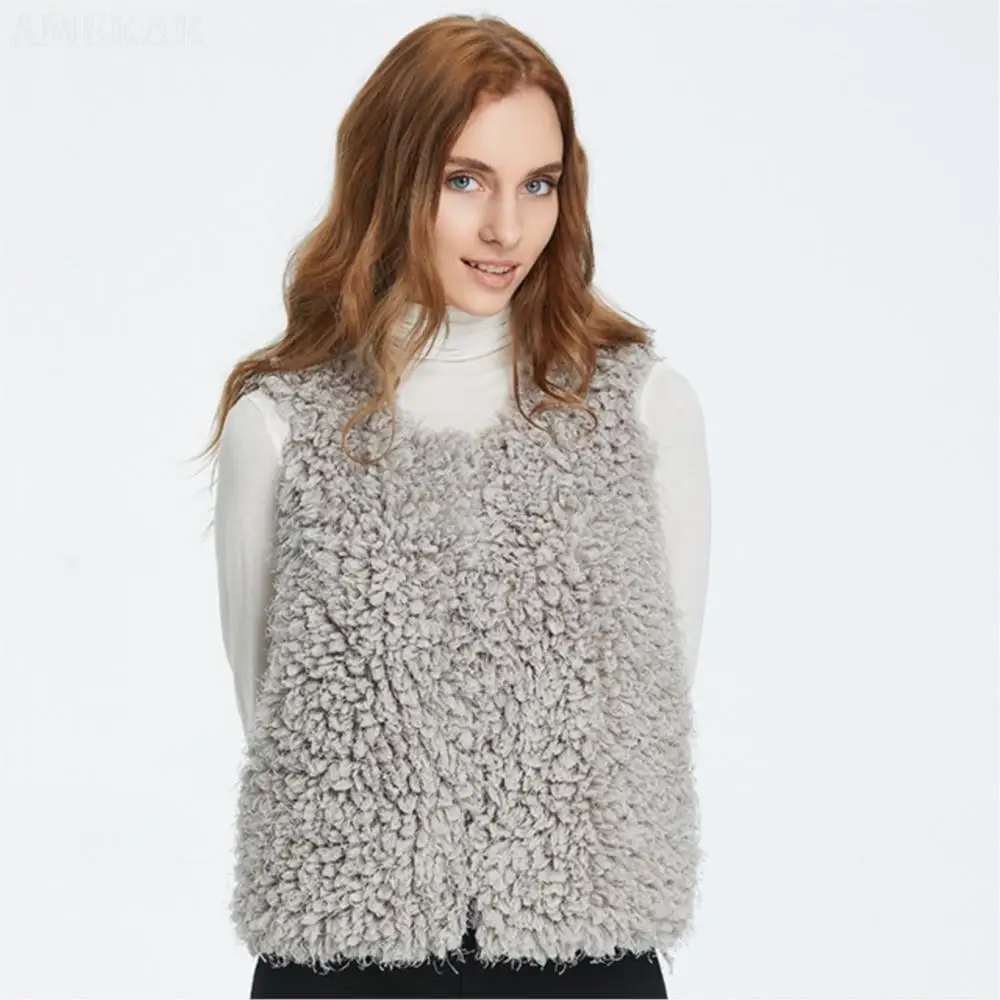 Women Real Fur Lined Shaggy Vest Pure Color Warmth Sleeveless Plus Size Coat Winter Leisure Zipper Real Fur Coats