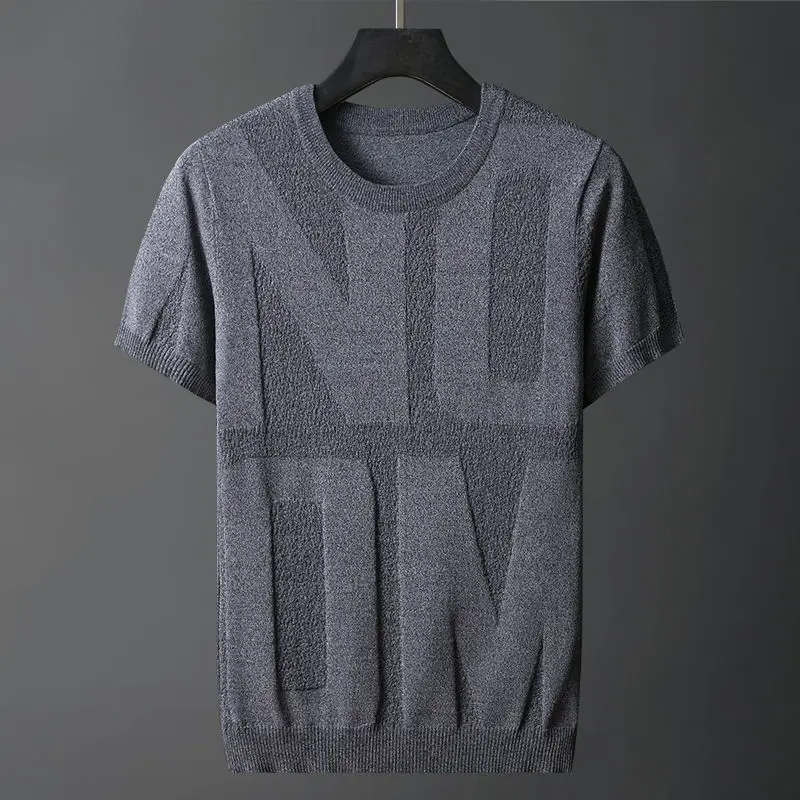 

2022 Spring Summer Men's New Ice Silk Knitted Pullovers Male Short Sleeve Casual T-shirt Men Size Thin Sweater Tees W957
