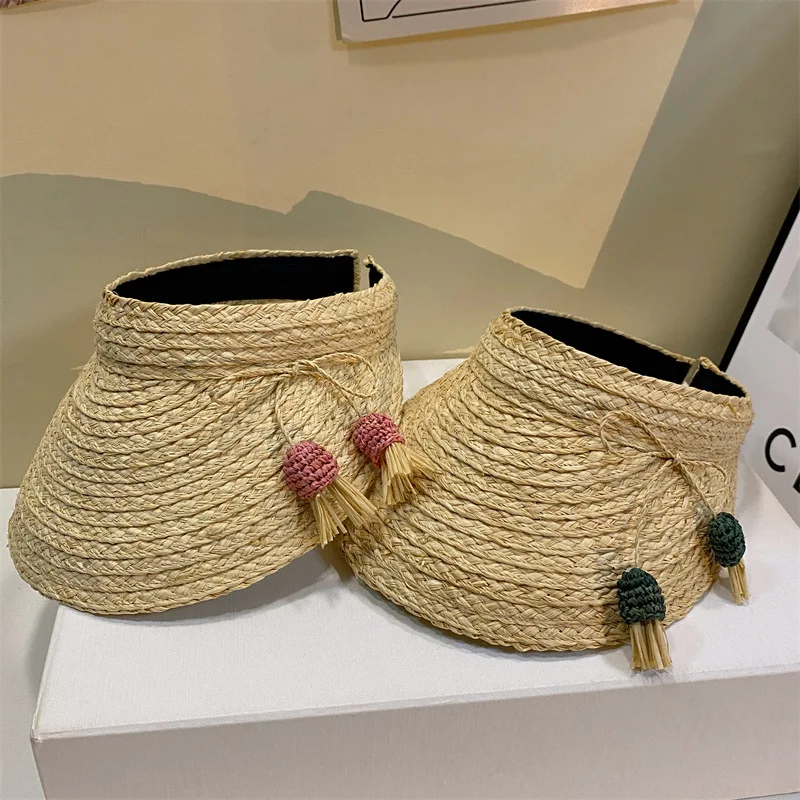 

Cute Candy Pendant Decorated Raffia Straw Empty Top Hat Fashionable Seaside Beach Sun Hat UV Protection Visor