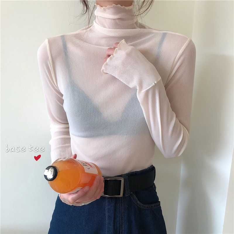 

T-shirts Womens Long Sleeve Solid Thin See-through Wood Ears Soft Casual All-match Half Turtleneck Autumn Female Clothing Chic