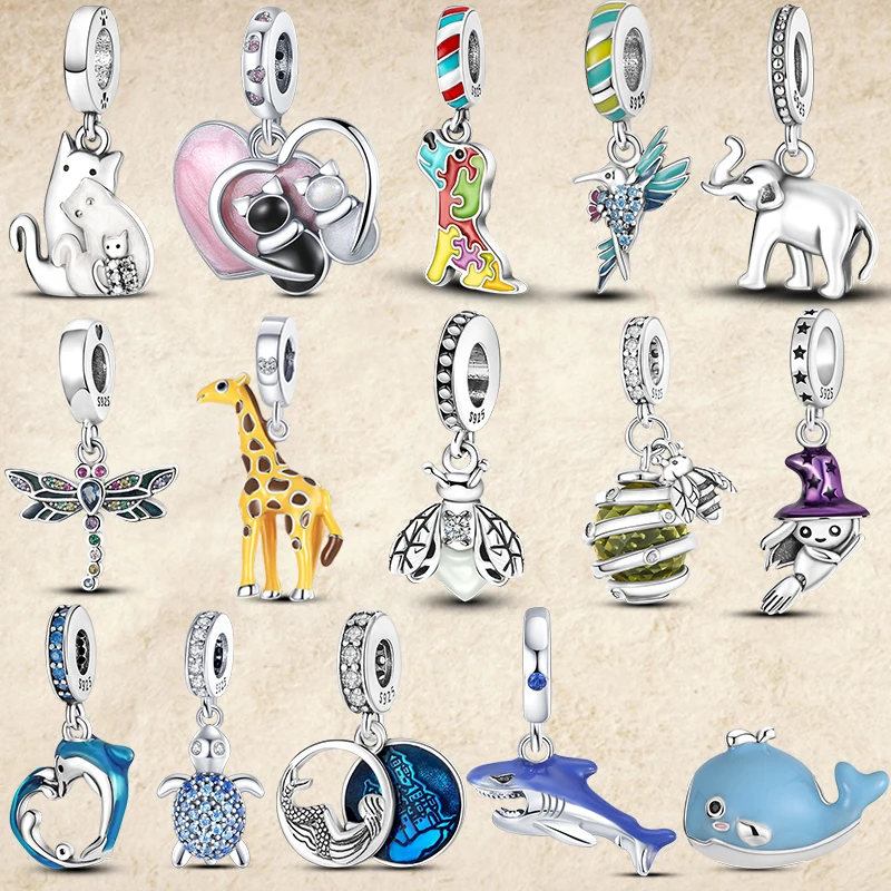 

2022 New 925 Sterling Silver Cute Cat Family Dog Giraffe Charm Bee Shark Beads DIY Original Pandora Bracelets Jewelry For Women